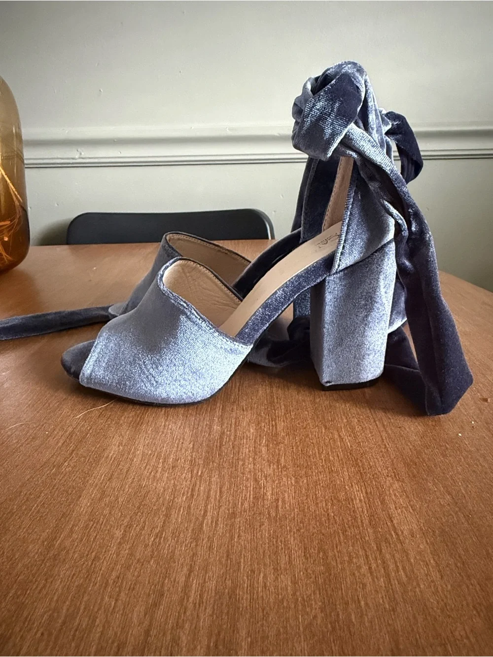 Catherine Malandrino Blue Velvet Ankle-Tie Peep-Toe Heels